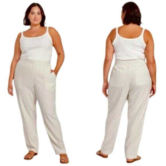 NEW Old Navy White Tan Striped Linen Straight Leg Pants Coastal Preppy XL Tall - Picture 1 of 8